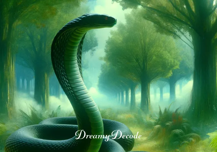 dream meaning cobra _ The dream progresses, showing a large, majestic cobra appearing in a lush, green forest within the dream. The cobra is not threatening, but rather seems wise and contemplative, symbolizing a deep, introspective aspect of the dream.
