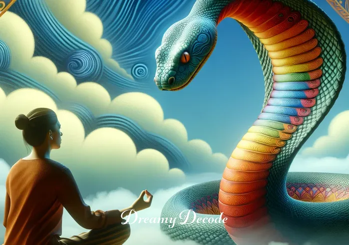 dream meaning cobra _ In the next scene of the dream, the person is calmly interacting with the cobra, which is now adorned with colorful patterns. This interaction symbolizes a harmonious confrontation with challenges or fears represented by the cobra in the dream.
