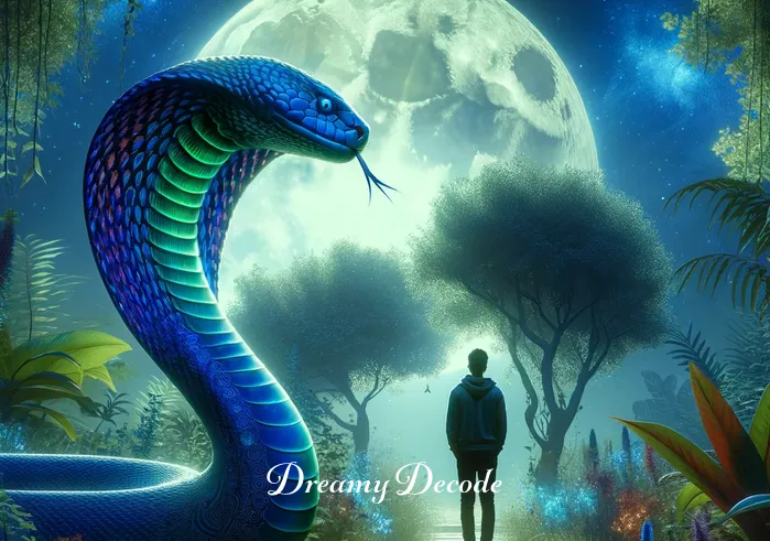 dream of cobra snake meaning _ A person standing in a serene, moonlit garden, gazing thoughtfully at a vividly colored cobra that has appeared before them. The cobra, with its hood expanded, displays an intricate pattern of blues and greens, exuding a mysterious yet non-threatening aura in the dreamlike setting.