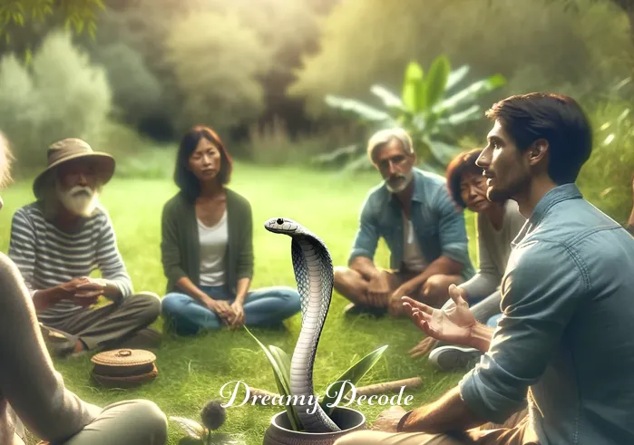 dream of cobra snake meaning _ The individual, in a peaceful outdoor setting, sharing their findings with a small, attentive group. The scene is casual and friendly, with the group seated in a circle on grass, engaged in a discussion about dream interpretation and the symbolism of the cobra.