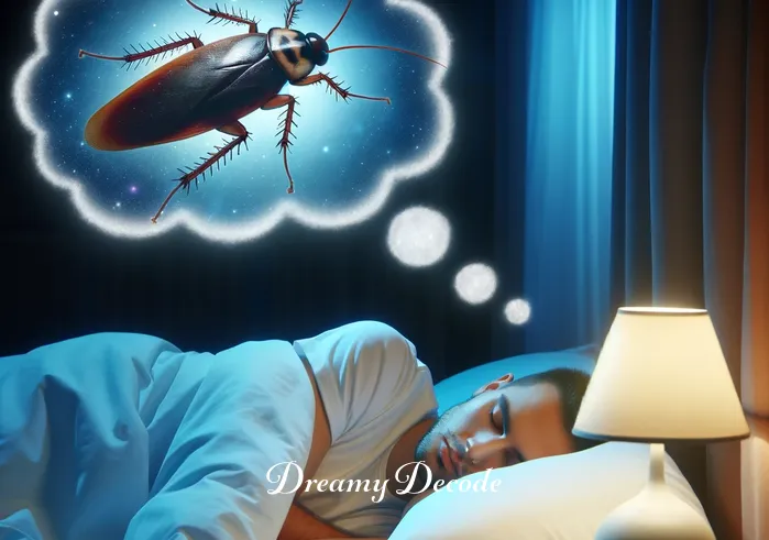 cockroach dream meaning _ A person asleep in bed, surrounded by a soft glow, with a small, non-threatening cartoonish cockroach appearing in a dream bubble above their head.