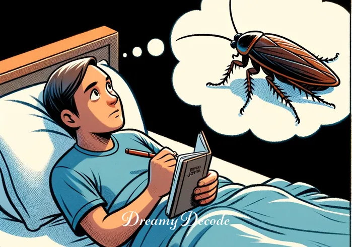 cockroach dream meaning _ The same person now sits up in bed, looking thoughtful and curious, with a dream journal and a pen in hand, poised to write. The dream bubble with the cockroach is still present, but slightly larger.