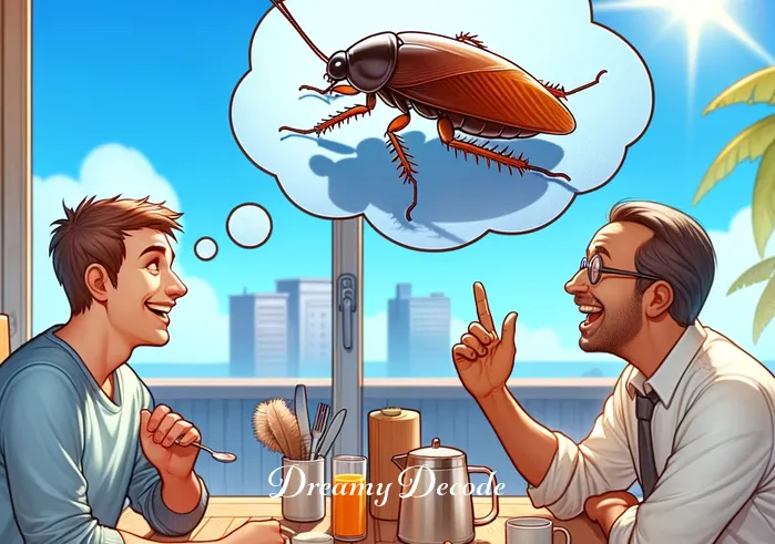 cockroach dream meaning _ The person, now at a sunny breakfast table, animatedly discussing their dream with a friend or family member. The dream bubble is now shared between them, with the cockroach in it appearing more prominent and detailed.