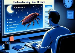 cockroach dream meaning _ A final scene showing the person at a computer, researching the meaning of their cockroach dream on a website with a title like "Understanding Your Dreams". The screen displays various interpretations and symbolic meanings associated with cockroaches in dreams.