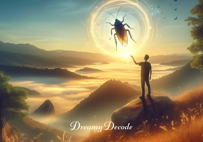 cockroach dream spiritual meaning _ The dream concludes with the dreamer standing atop a hill at sunrise, holding a symbolic, translucent cockroach made of light in their hand, signifying enlightenment and the culmination of their spiritual journey.