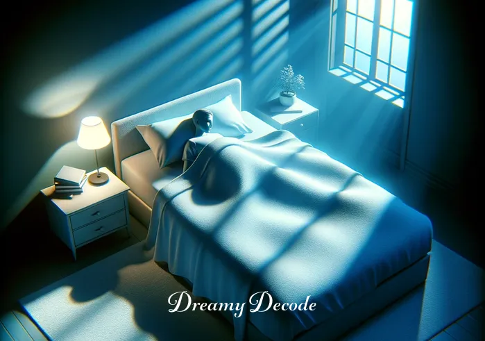 cockroach in dream meaning _ A person lying in bed with a peaceful expression, surrounded by a soft blue light. The bedroom is neat, with a nightstand holding a book and a small lamp. Shadows cast by the lamp create a calm, serene atmosphere, suggesting the onset of a dream.