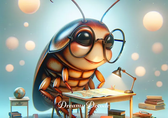 cockroach in dream meaning _ A dreamlike scene showing an oversized, cartoon-like cockroach sitting at a tiny desk, studying a map. The cockroach appears friendly and focused, with oversized glasses perched on its nose. The surrounding area is whimsical and surreal, with floating books and softly glowing orbs.