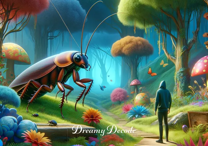 cockroach in dream meaning _ A person in the dream, now standing in a fantastical forest, watching the friendly cockroach from the previous scene. The cockroach is leading a parade of other cartoonish insects, all marching joyfully. The forest is filled with vibrant colors and oversized flowers, creating a sense of wonder and enchantment.