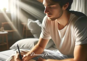cockroach in dream meaning _ The same person from the first scene, now awake and sitting up in bed with a thoughtful expression. The room is bathed in morning light, and the person is jotting down notes in a journal, seemingly reflecting on the dream. The atmosphere is calm and reflective, suggesting a positive start to the day.