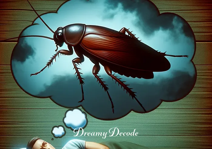 dead cockroach dream meaning _ The same person now visibly startled in their dream, shown through a thought bubble depicting a large, shadowy cockroach. The dream environment has subtle darker tones, symbolizing a shift in the dream