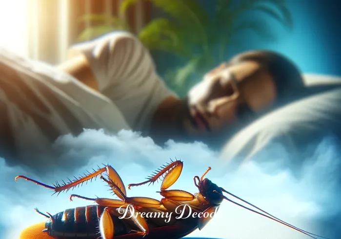 dead cockroach dream meaning _ The dream shifts again, showing the person in the dream confronting the cockroach, now lying motionless on its back. The dream background is a mix of light and shadows, indicating a turning point in the dream narrative.