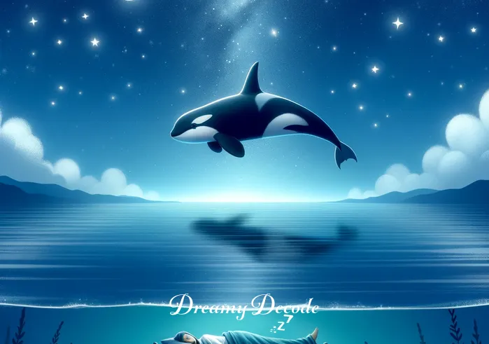baby orca dream meaning _ A serene ocean scene with a sleeping person on a boat. A gentle, starlit night surrounds them, and in the water, a baby orca swims playfully, symbolizing innocence and new beginnings.