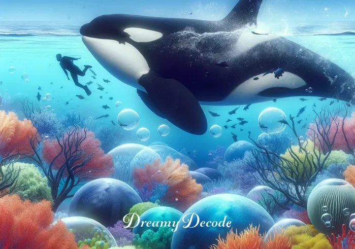 baby orca dream meaning _ A dreamy underwater view where the person from the boat is now swimming alongside the baby orca. The water is clear and filled with colorful coral, indicating exploration and discovery in the dream.