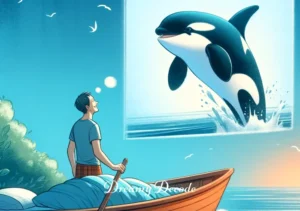 baby orca dream meaning _ A final image of the person back on the boat, waking up with a peaceful smile. The baby orca is seen in the distance, leaping joyfully, symbolizing a sense of freedom and positive transformation derived from the dream.