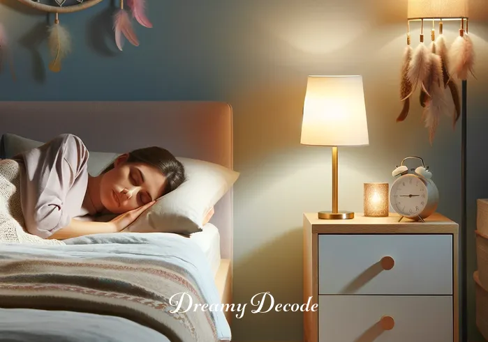 seeing a car accident dream meaning _ A serene bedroom with soft lighting, where a person is peacefully sleeping. The room is decorated in calming colors, with a small nightstand holding a lamp and a dream catcher hanging above the bed.
