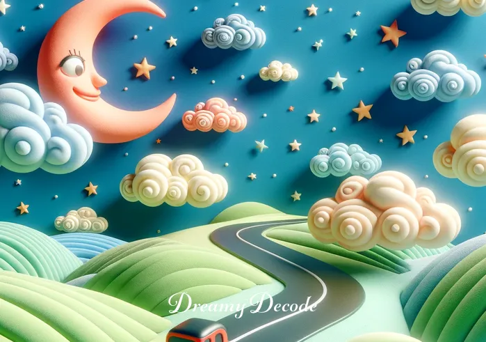 seeing a car accident dream meaning _ A dream sequence depicting a toy car on a winding road, surrounded by fluffy clouds and starry skies. The car is brightly colored, and the road meanders through a whimsical landscape of gentle hills and smiling moons.