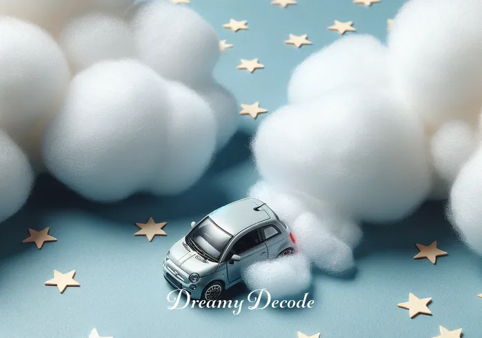 seeing a car accident dream meaning _ An image showing the same toy car from the previous scene, now gently bumped against a soft, cloud-like barrier. There are no signs of damage or distress; instead, the scene conveys a sense of a gentle pause, with stars twinkling peacefully in the background.