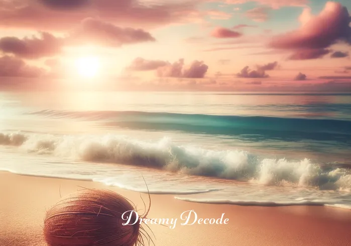 coconut dream meaning _ A serene beach scene with a single coconut lying in the sand, waves gently lapping at the shore in the background. The sky is painted with hues of pink and orange, suggesting a peaceful sunrise. This image represents the beginning of a journey in understanding the dream meaning of coconuts, symbolizing new beginnings and personal growth.