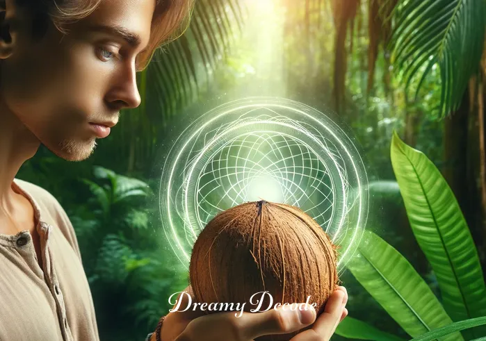 coconut dream meaning _ A person holding a coconut in their hands, with a look of contemplation on their face. They are surrounded by a lush, tropical garden, indicating a connection with nature. The image signifies the process of introspection and the search for deeper meanings within one