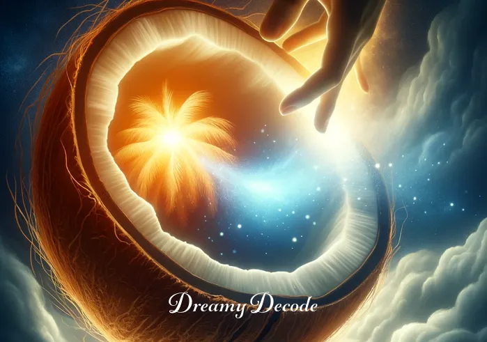 coconut dream meaning _ A dream-like image showing a coconut cracking open to reveal a bright, glowing light inside. This light illuminates the surrounding darkness, representing the moment of revelation and understanding in the journey of interpreting coconut dreams. The image symbolizes the discovery of hidden knowledge and insights.