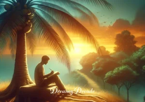 coconut dream meaning _ A final image depicting a person sitting under a coconut tree, writing in a journal. The environment is peaceful and serene, with a sunset in the background. This image represents the end of the journey in understanding coconut dream meanings, symbolizing reflection, personal growth, and the acquisition of wisdom.