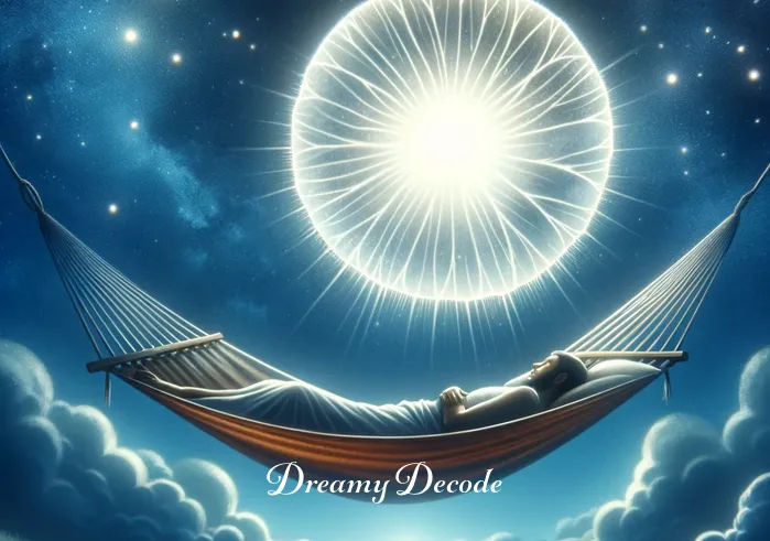 spiritual meaning of coconut in the dream _ A person peacefully sleeping in a hammock under a starlit sky, with a gentle breeze swaying the hammock. Above them, a translucent image of a large, radiant coconut appears, glowing softly in the night, symbolizing the beginning of a spiritual journey in a dream.