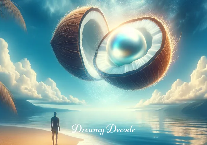 spiritual meaning of coconut in the dream _ The scene transitions to a surreal dreamscape where the person, now awake within the dream, finds themselves on a serene beach. The glowing coconut from before has split into two halves, revealing a shimmering pearl inside, symbolizing discovery and inner wisdom.