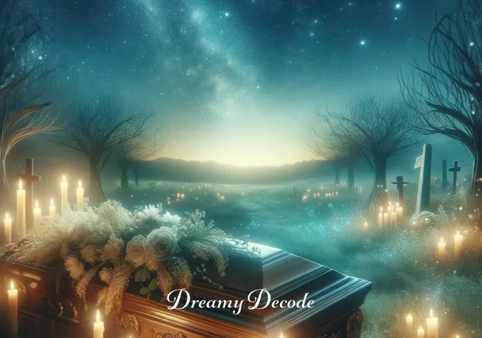 seeing a dead person in a coffin dream meaning _ A serene dream landscape with a gentle, starlit night sky. A peaceful figure lies in an open, ornate wooden coffin surrounded by soft, glowing candles and delicate flowers, symbolizing tranquility and acceptance in the context of dreaming about a deceased person.