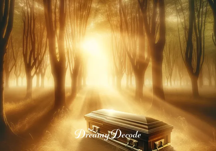 seeing a dead person in a coffin dream meaning _ A dream vision of a closed coffin in a tranquil forest clearing, bathed in warm, golden sunlight filtering through the trees. This represents the progression to understanding and coming to terms with loss in a dream.