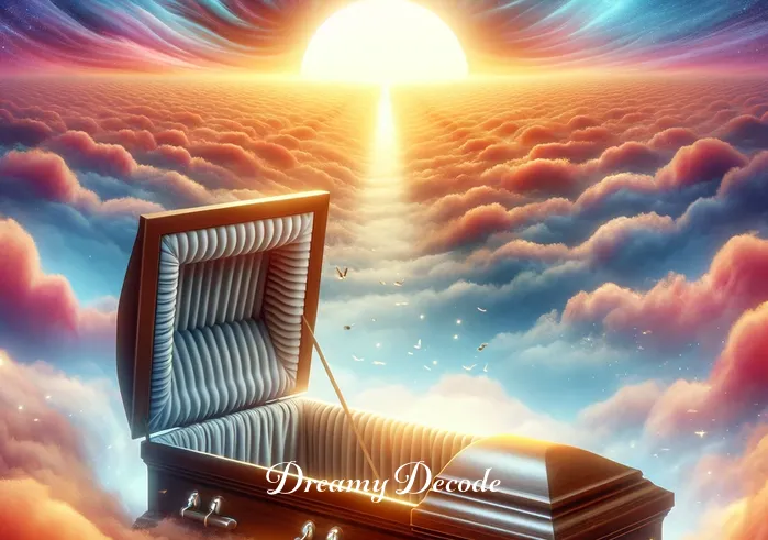 seeing a dead person in a coffin dream meaning _ A surreal dream scene where the coffin gently opens, revealing nothing inside, set against a backdrop of a vibrant sunrise. This symbolizes the dreamer