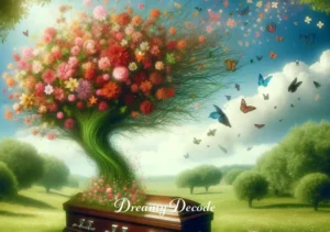 seeing a dead person in a coffin dream meaning _ A dream interpretation of the coffin transforming into a flowering tree, full of life and color, set in a lush, green meadow under a clear blue sky. This represents the final stage of acceptance, renewal, and the cycle of life in the context of the dream.