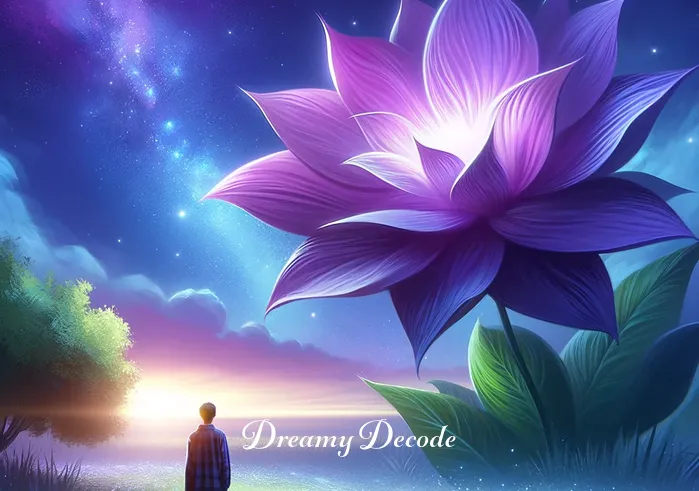biblical meaning of the color purple in a dream _ A dreamer stands in a tranquil field under a starry sky, gazing at a large, radiant purple flower blooming vividly amidst a sea of green. This scene symbolizes the beginning of a spiritual journey, with the color purple representing wisdom and divinity in a biblical context.
