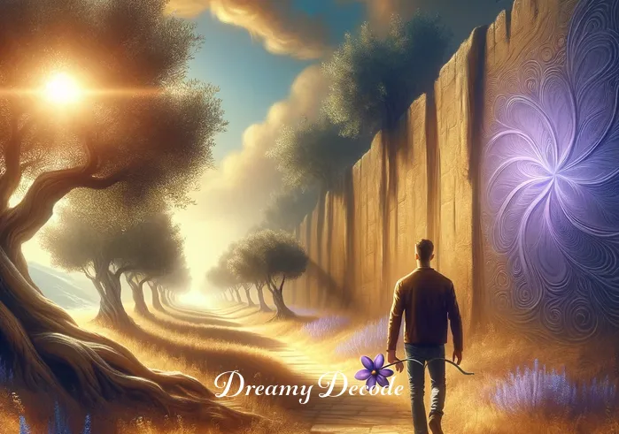 biblical meaning of the color purple in a dream _ The dreamer, now holding the purple flower, walks along a gently winding path through an ancient, sun-dappled olive grove. This reflects the dreamer