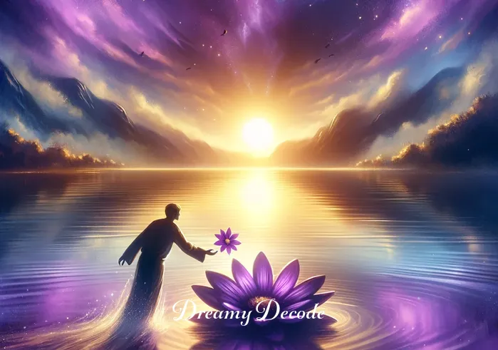 biblical meaning of the color purple in a dream _ In the dream, the dreamer arrives at a serene lake, the surface shimmering in hues of purple and gold at sunset. The dreamer releases the flower onto the water, symbolizing a moment of revelation and spiritual awakening, with purple denoting a deep connection to the divine.