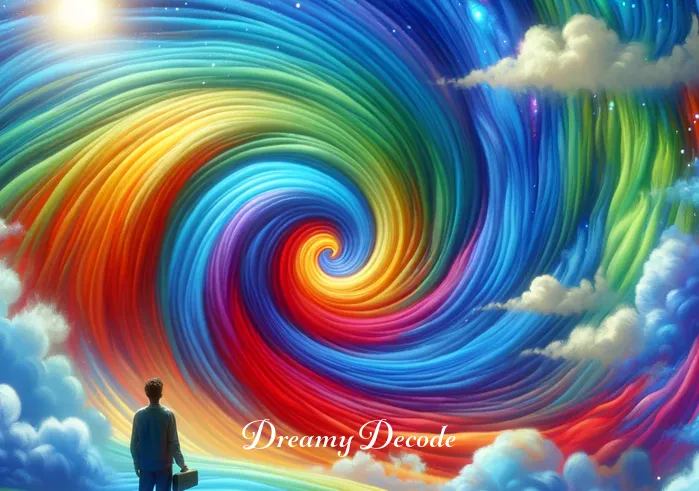 color dream meaning _ A vivid dream scene where a person is surrounded by a swirling vortex of rainbow colors, symbolizing the beginning of a journey into understanding the meanings of colors in dreams. The person looks intrigued and slightly bewildered as they try to grasp the shifting hues around them.