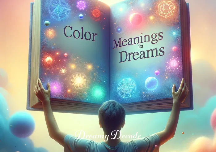 color dream meaning _ The second step in the journey shows the dreamer holding a large, translucent book titled "Color Meanings in Dreams". The pages glow with different colors, each page representing a different color