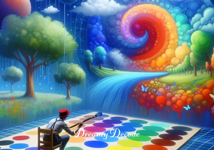 color dream meaning _ In this third step, the dreamer is actively applying the knowledge of color meanings. They are painting a large mural in the dream, with each color carefully chosen for its symbolic meaning. The mural depicts a serene landscape, where each element, like trees, sky, and water, is painted in colors that reflect the dreamer