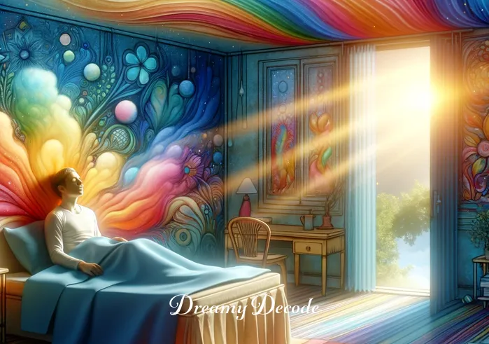 color dream meaning _ The final step shows the dreamer waking up, surrounded by a gentle morning light. The room is decorated in colors that were significant in the dream, suggesting a deep connection and understanding of the dream's message. A sense of peace and enlightenment is evident on the dreamer's face as they reflect on their colorful journey.