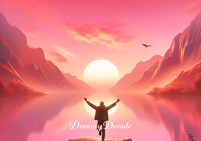 color pink dream meaning _ The final scene shows the person reaching a beautiful, pink-hued lake at sunset, conveying a sense of achievement and fulfillment in the dream. The calm waters reflect the pink sky, embodying inner peace and emotional balance achieved after the journey.