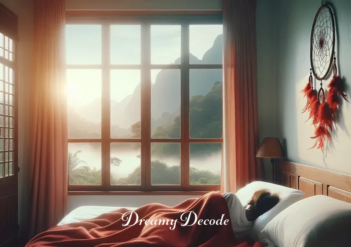color red dream meaning _ A serene bedroom with a large window, where a person is peacefully sleeping under a red blanket. The room is bathed in a soft, morning light, and a dream catcher hangs above the bed, symbolizing the beginning of a dream journey.