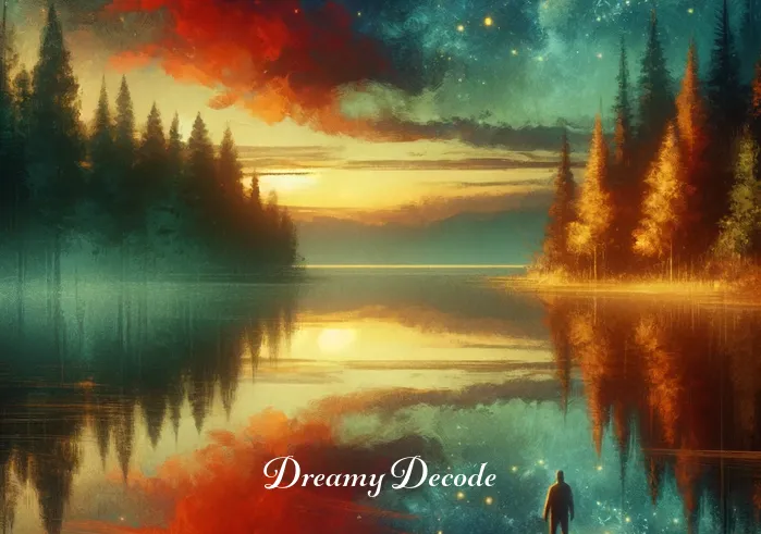 color red dream meaning _ The dreamer encounters a calm, reflective lake in the forest. The surface of the water is painted with hues of red and gold from the setting sun, representing introspection and emotional depth in the dream narrative.
