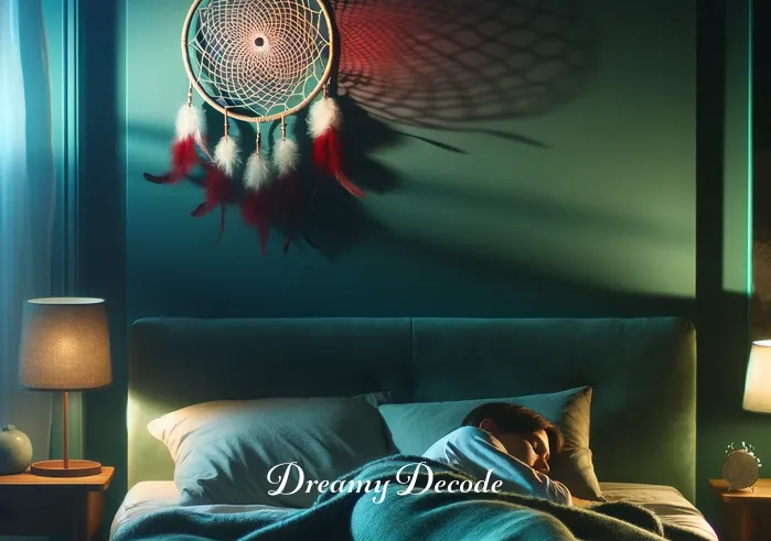 color red in dream meaning _ A serene bedroom with soft lighting, where a person peacefully sleeps. The room is adorned in shades of calming blue and green, with a plush bed and a dreamcatcher hanging above. A hint of red begins to glow in the dreamcatcher, symbolizing the onset of a dream involving the color red.