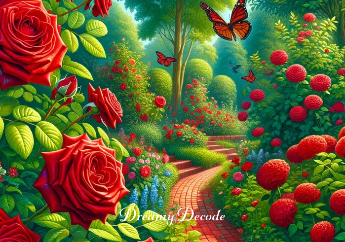 color red in dream meaning _ The dream transitions to a vibrant scene of a lush garden, where red roses bloom abundantly amidst green foliage. Butterflies with red and black wings flutter around, and a red brick pathway meanders through the garden, inviting exploration.