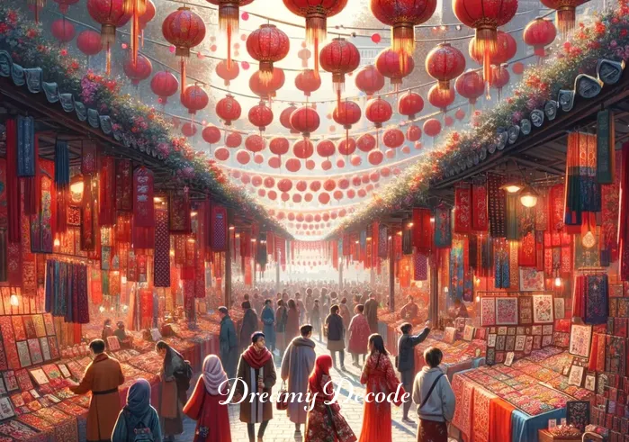 color red in dream meaning _ In the dream, the person finds themselves at a festive outdoor market, surrounded by stalls draped in red cloths. People in colorful attire browse goods, and red lanterns sway gently in the breeze, creating a lively and joyous atmosphere.