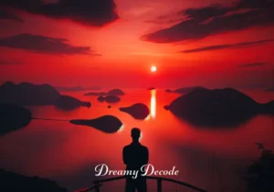 color red in dream meaning _ The dream culminates in a serene sunset view from a hilltop, overlooking a calm sea. The sky is painted in shades of deep red and orange, casting a warm glow over the tranquil waters. The person in the dream stands peacefully, absorbing the beauty of the moment.