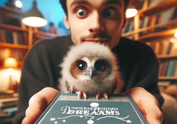 baby owl dream meaning _ A person holding a book titled "Understanding Dreams," with a small, fluffy baby owl perched on top, looking curiously at the book. The person has a look of wonder and intrigue on their face as they gaze at the owl.