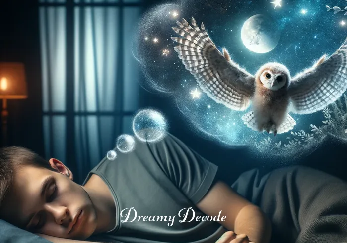 baby owl dream meaning _ The same person now asleep, with the book open on their lap. The room is dimly lit and peaceful. In the background, a dream bubble shows the baby owl flying gracefully in a starry night sky.