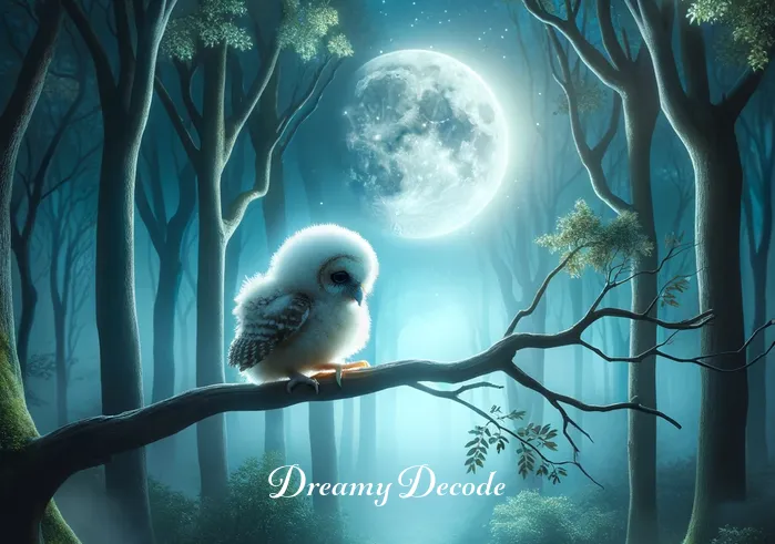 baby owl dream meaning _ In the dream bubble, the baby owl is now seen landing gently on a branch, surrounded by a mystical forest bathed in moonlight. The person, still asleep, has a faint smile, suggesting a pleasant dream.