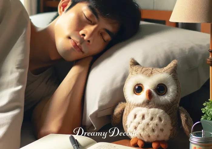 baby owl dream meaning _ The person waking up, looking refreshed and thoughtful. The baby owl, now just a plush toy next to the book, seems to be a cherished item. A journal and pen are on the bedside table, hinting at the person's intent to record their dream.