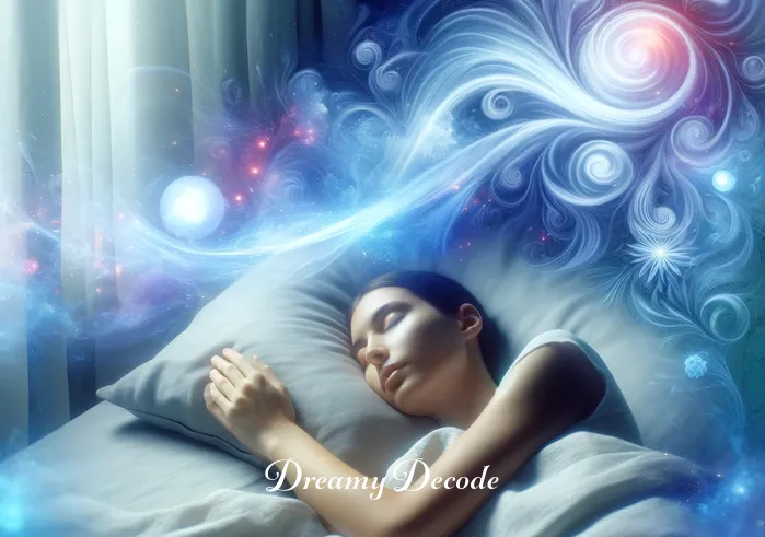 dream color meaning _ A person peacefully sleeping in a softly lit room, with the colors around them beginning to swirl in a dreamlike manner. Soft blues and purples dominate the scene, symbolizing tranquility and imagination, as they slowly envelop the sleeper.